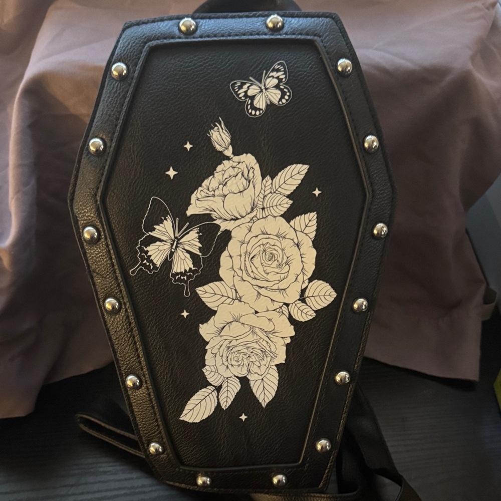 Hot Topic Black Coffin Backpack with Floral and Butterfly Design